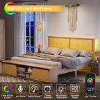 Cadre de lit en rotin naturel avec armoires de rangement coulissantes de style grange et tête de lit éclairée par LED, style bohème-fermier