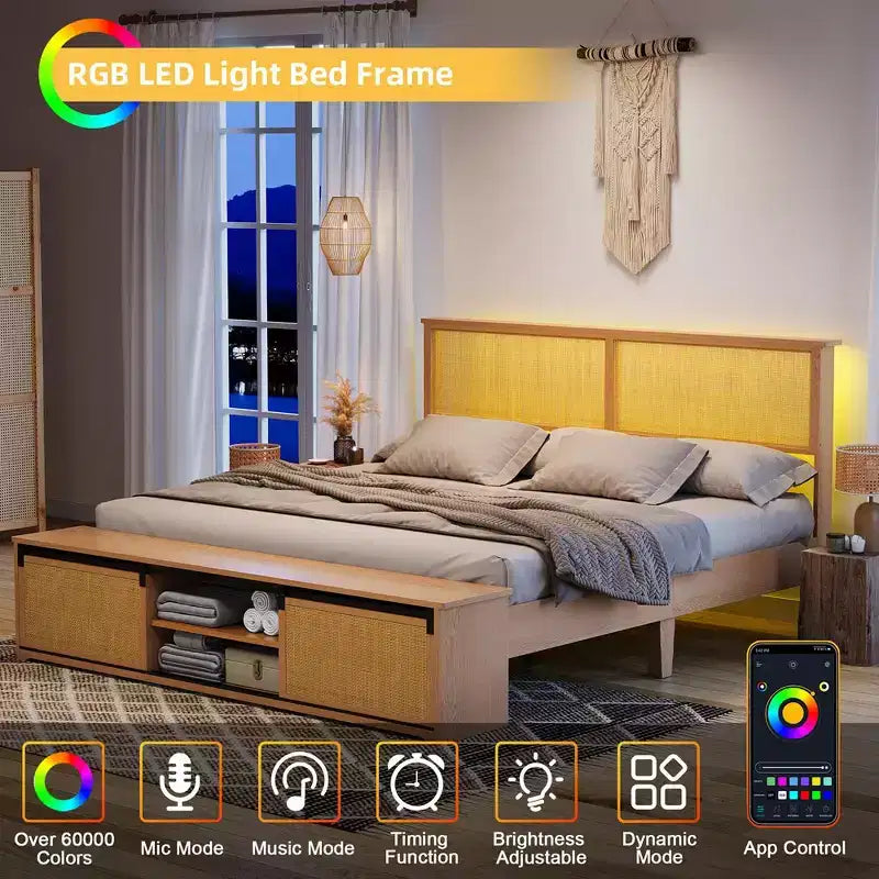 Cadre de lit en rotin naturel avec armoires de rangement coulissantes de style grange et tête de lit éclairée par LED, style bohème-fermier