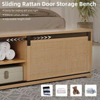 Cadre de lit en rotin naturel avec armoires de rangement coulissantes de style grange et tête de lit éclairée par LED, style bohème-fermier