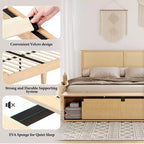 Cadre de lit en rotin naturel avec armoires de rangement coulissantes de style grange et tête de lit éclairée par LED, style bohème-fermier