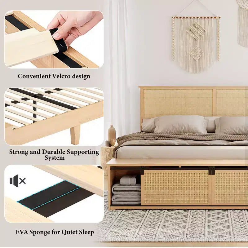 Cadre de lit en rotin naturel avec armoires de rangement coulissantes de style grange et tête de lit éclairée par LED, style bohème-fermier
