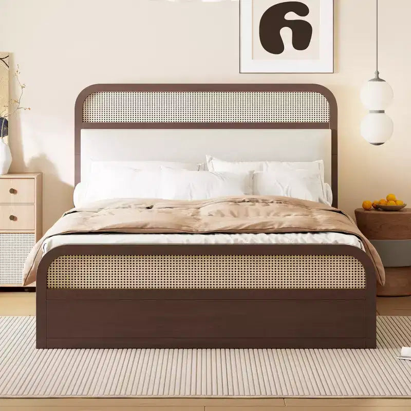 Lit plateforme queen size en bois avec lit gigogne et 2 tiroirs, accents en rotin
