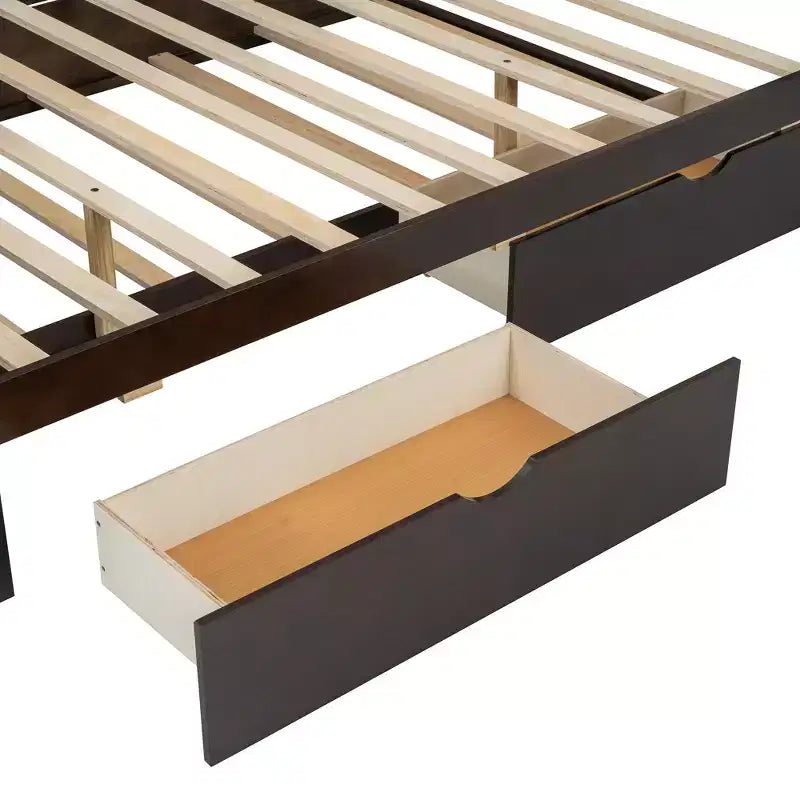 Lit plateforme queen size en bois avec lit gigogne et 2 tiroirs, accents en rotin