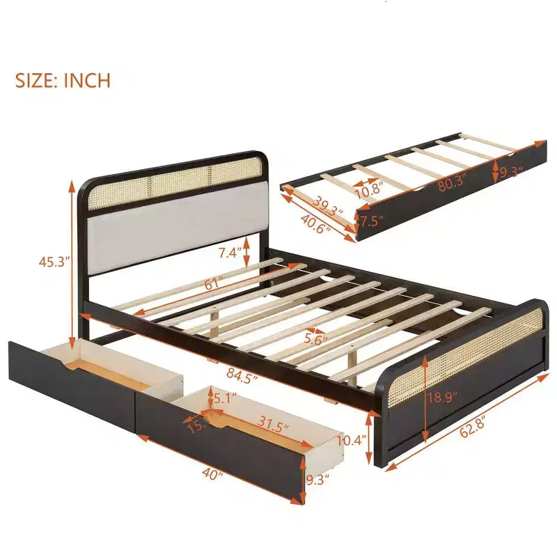 Lit plateforme queen size en bois avec lit gigogne et 2 tiroirs, accents en rotin
