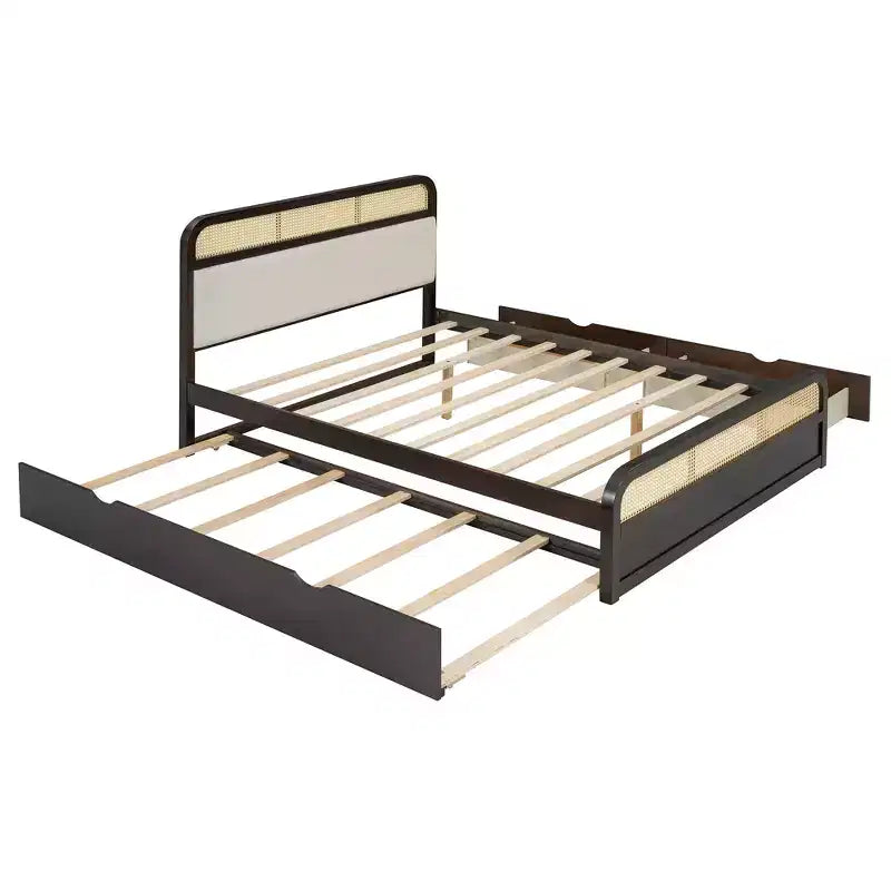 Lit plateforme queen size en bois avec lit gigogne et 2 tiroirs, accents en rotin