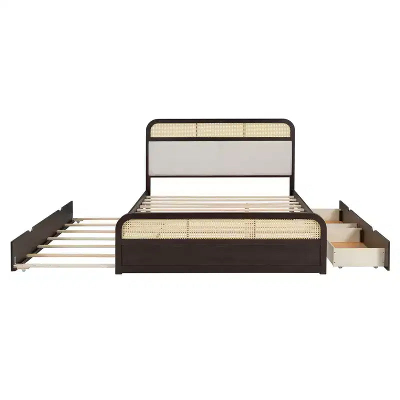 Lit plateforme queen size en bois avec lit gigogne et 2 tiroirs, accents en rotin