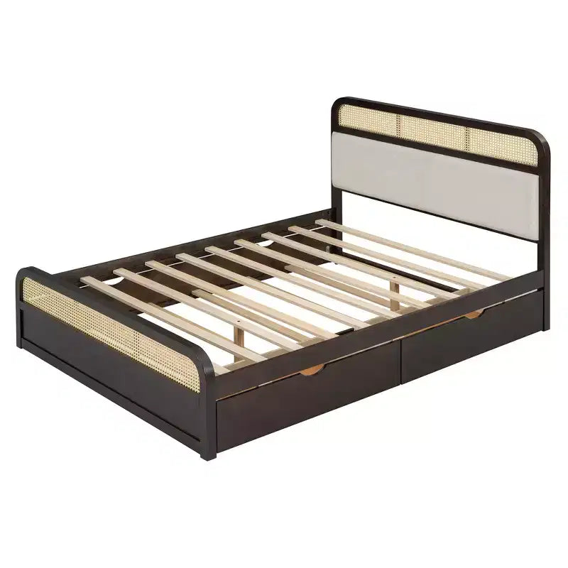 Lit plateforme queen size en bois avec lit gigogne et 2 tiroirs, accents en rotin